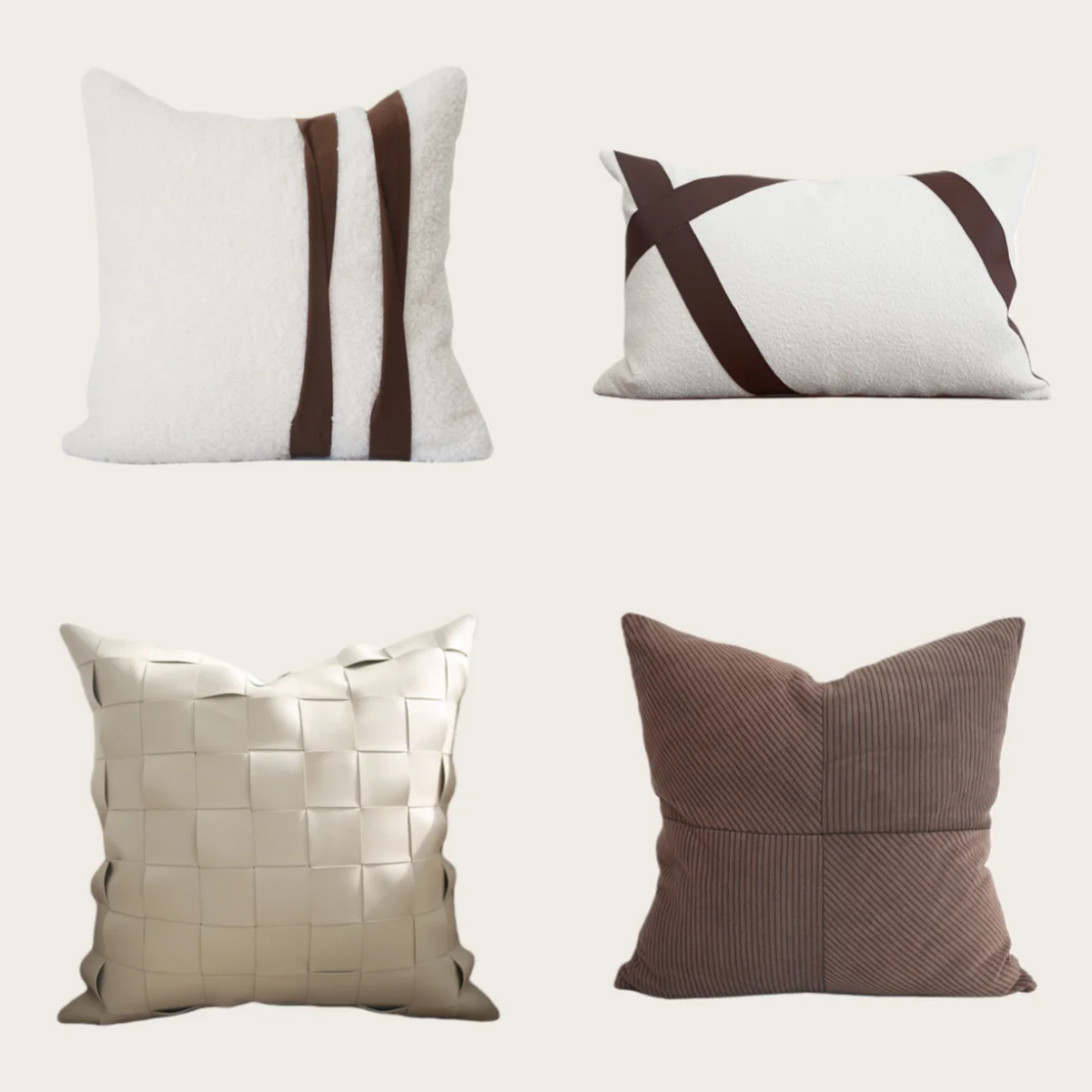 Simple Morden Beige Pu leather Cushion Cover Cream White/Brown Patchwork Pillowcase Sofa Coffee Color Throw Pillow Cover