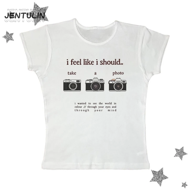 Funny Take A Bite Print T-Shirt Women Y2K Clothing Fashion Short Sleeve Round Collar Tees Trendy T-Shirt Casual Women Streetwear