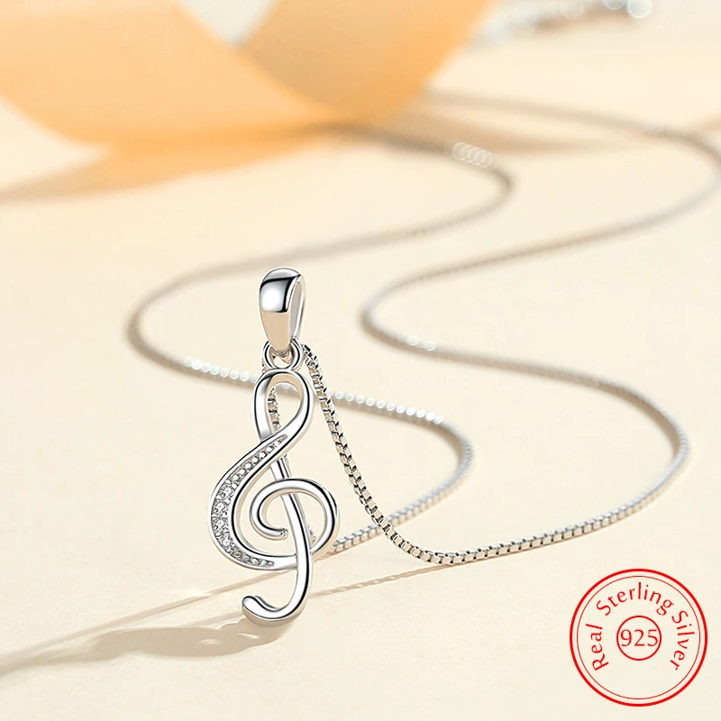 

925 Sterling Silver Women's New Jewelry Crystal Zircon Fashion Music Notation Pendant Necklace FQL23253