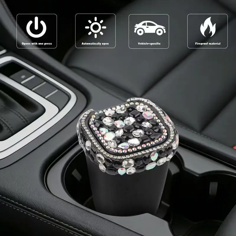 New Premium Rhinestone Car Ashtray, Multifunctional Lidded Vehicle Ashtray with LED Light, Stylish Auto Accessory, Universal Gi