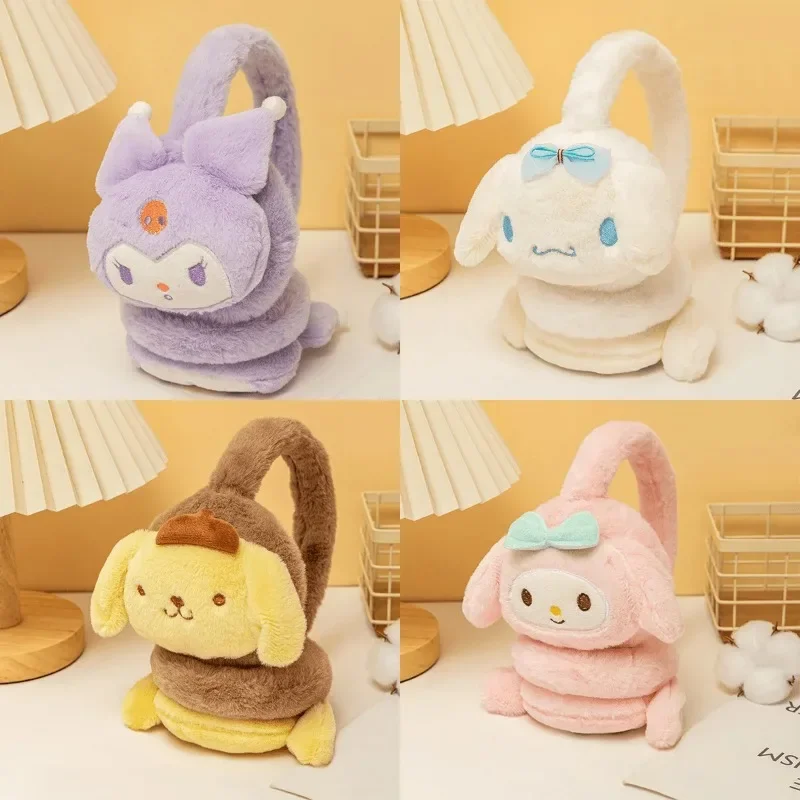 Kawaii Winter Sanrio Children Plush Earmuff  Kuromi My Melody Cinnamroll Pom Pom Purin Anime Cartoon Girls Warm  Ear Cover Gifts