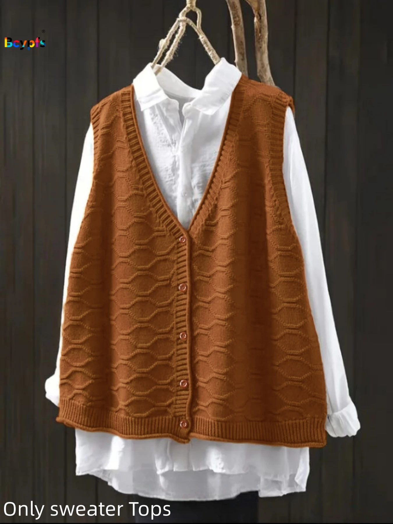 2026 Suéter tipo chaleco de punto para mujer: ropa interior/exterior informal diaria para ir al trabajo, cárdigan con cuello en V marrón caramelo, tejido ondulado, Top de punto suelto