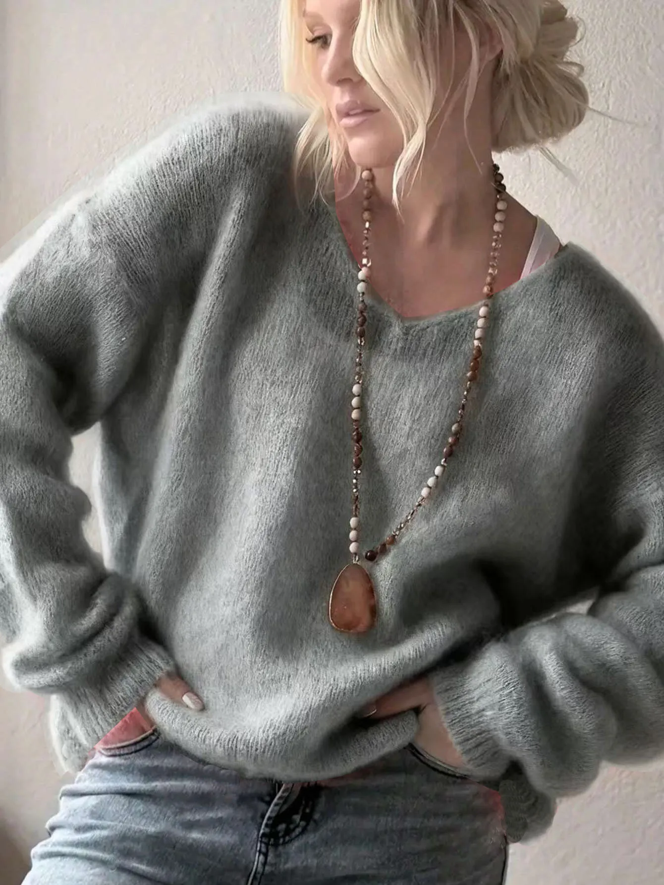 Dame pull pull automne élégant col en v pull hauts casual à manches longues couleur unie tricoté automne hiver femmes vêtements