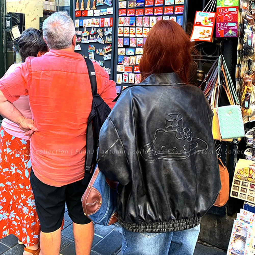 

Кожаная куртка Hello Kitty в американском стиле для модниц, новинка весенней коллекции Sanrio, высококачественная универсальная куртка в стиле хип-хоп и готика, трендовое пальто