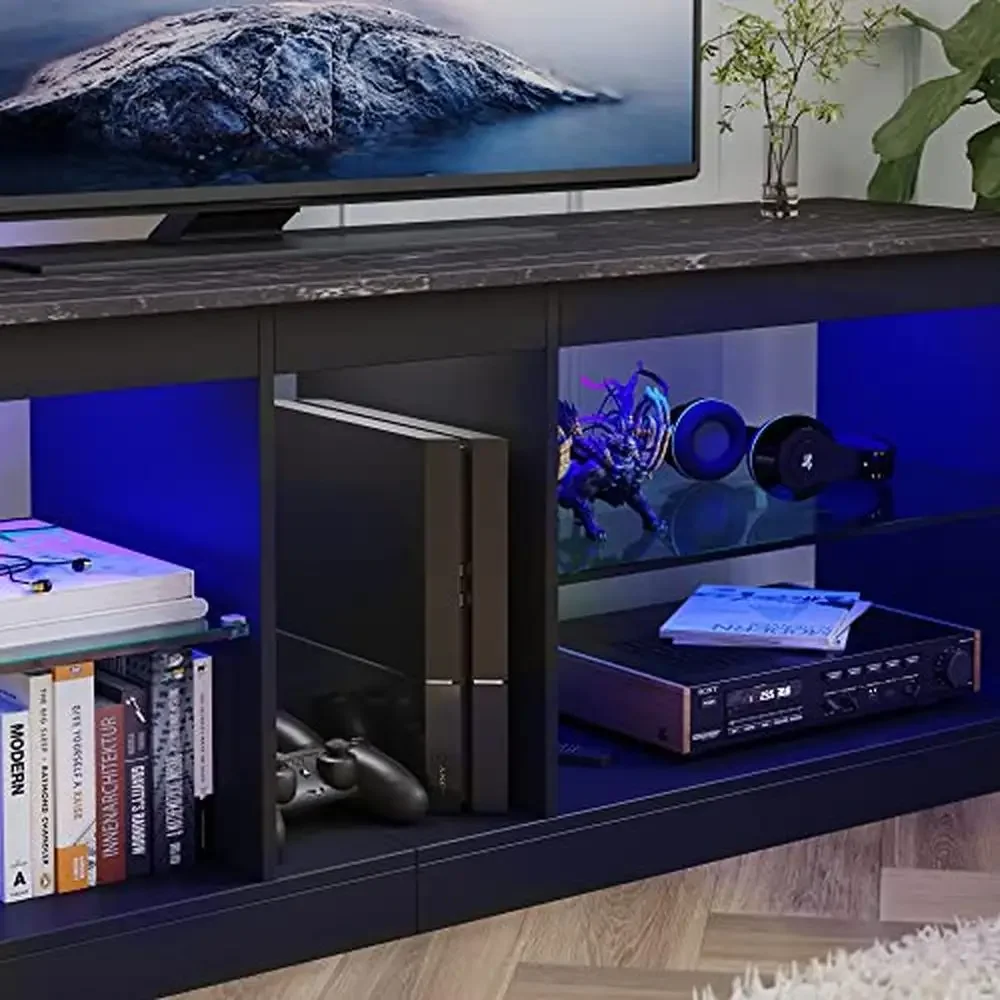 LED Entertainment Center TV Stand Adjustable Glass Shelves Gaming Console Storage
