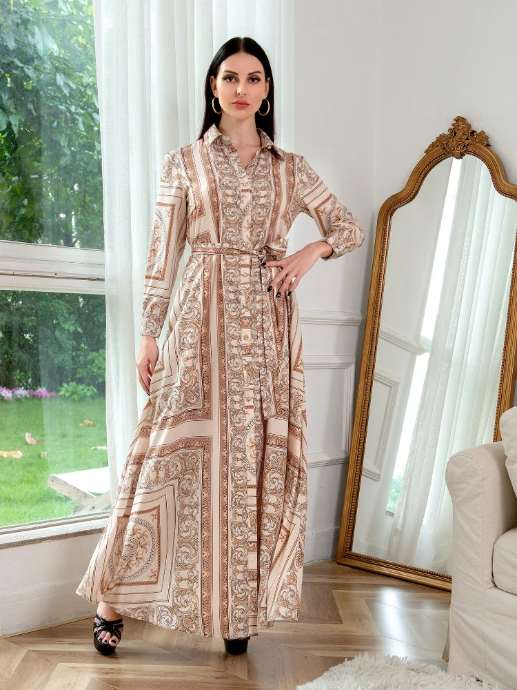 Spring Maxi Muslim Dress Women India Dubai Arabic Abaya Print Turkey Eid Vestidos Kaftan Gown Robe Musulman Long Dresses 2022