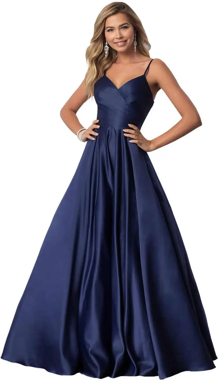 Spaghetti Straps Satin Prom Dresses for Women Long with Pockets Pleated Formal Evening Gowns Party Dresses Graduation Dress