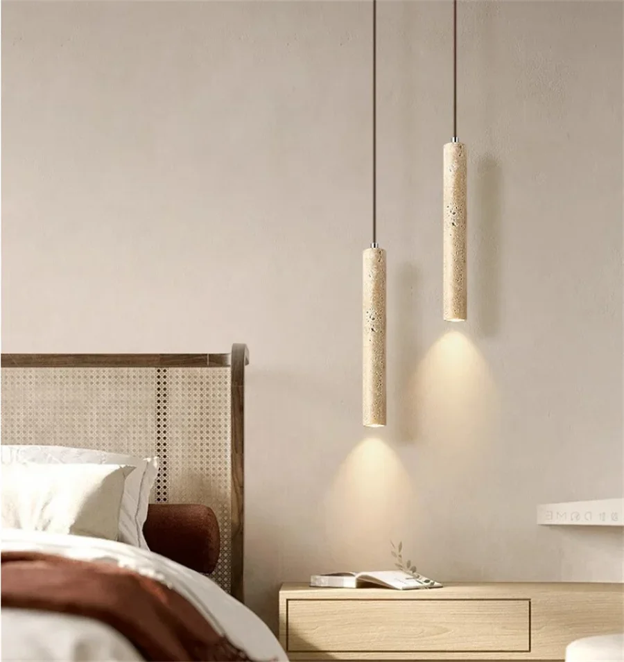Travertine Long Tube Led Pendant Lamp Bedroom Bedside Stone Suspension Hanging Light Kitchen Island Counter Bar Pendant Light