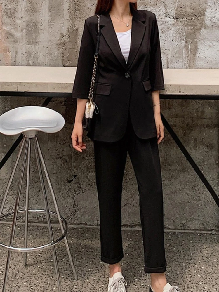 Women\'s Spring Summer Casual Office Suit Solid Color Blazer Pantsuits Button Jacket And Straight Pant 2 Piece Set Female Outfits