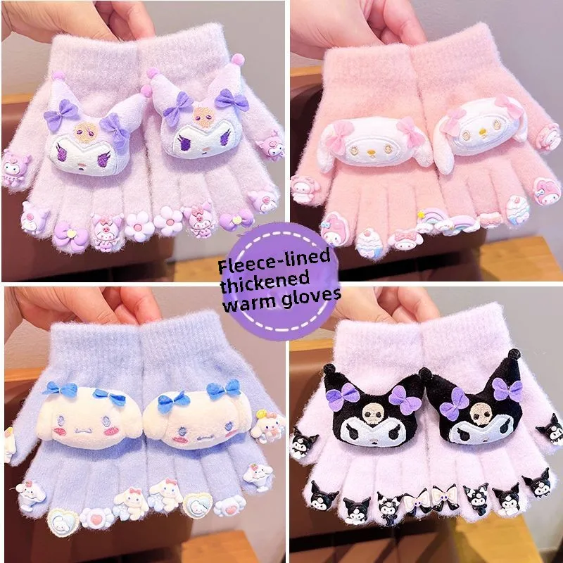 Sanrio cartoon anime character kawaii Hello Kitty cute gloves kuromi My melody five-finger cover warm plus velvet to keep warm