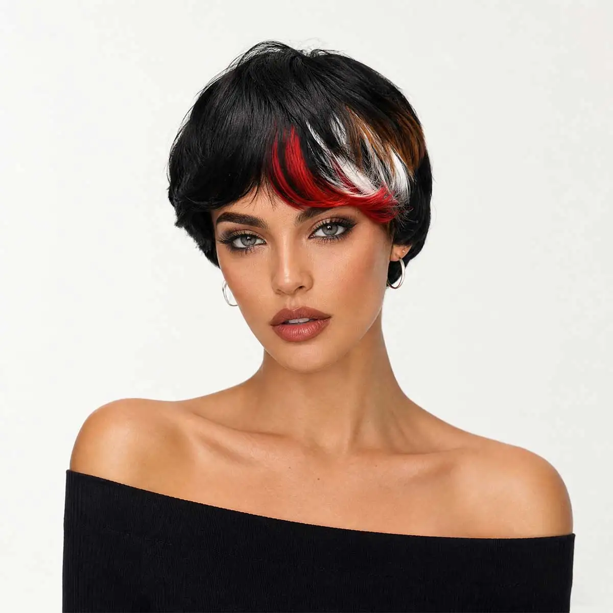 Trendy Multi‑Color Streak Pixie Wig, Black Base Red White Brown Accent Fringe Synthetic Wig for Women Daily Night‑out Costume