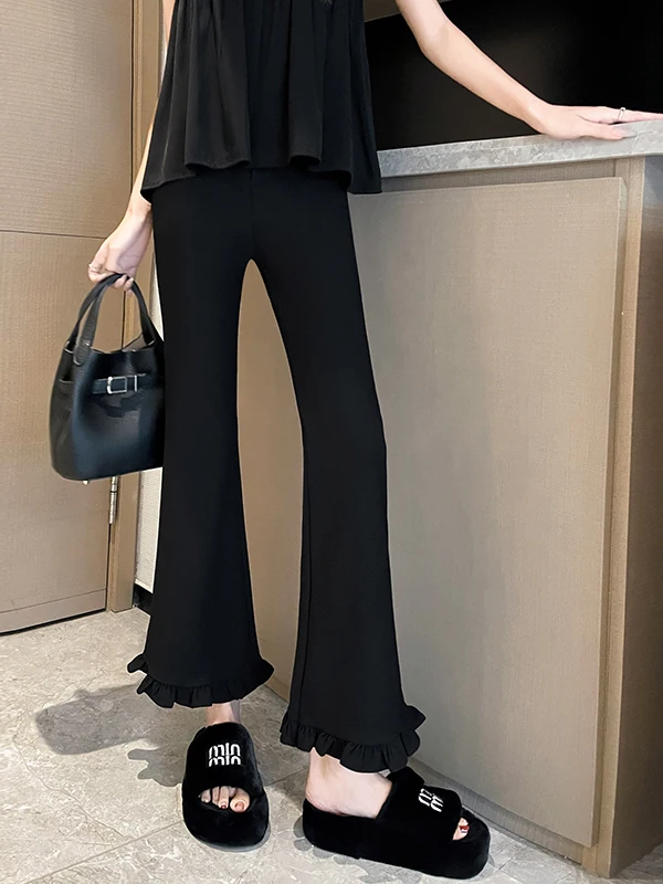 

Bla Wooden Micro Flared Pants Women Winter Thin High Waist Slimming Casual Small Nine Points Ice Silk Suit Pants