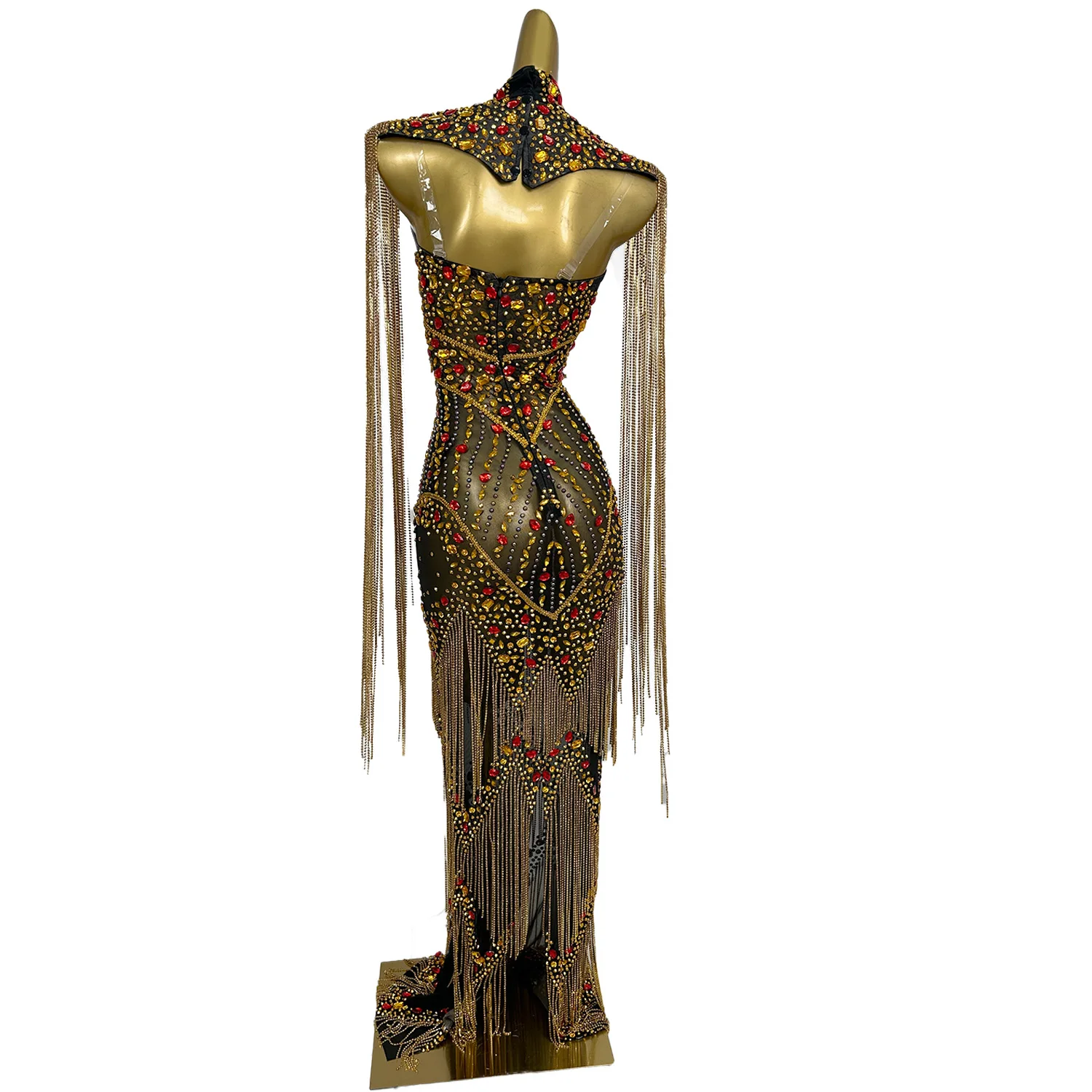 Catene di strass scintillanti di lusso Abito da sera con nappe Vedi attraverso abiti in rete Compleanno Prom Festival Celebrare Couture Shanyao