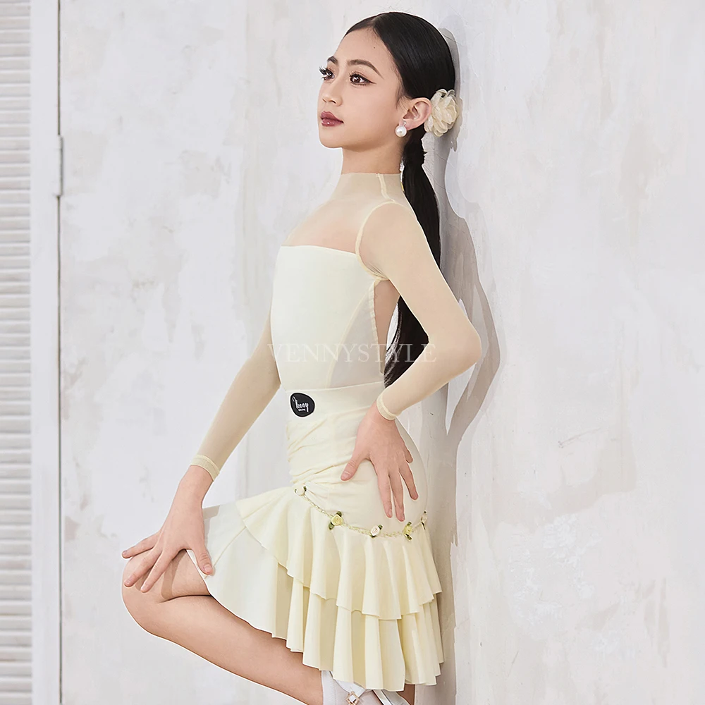 Vennystyle Vestido de baile latino para niñas, falda de práctica ajustada floral de manga larga, traje de baile de salón