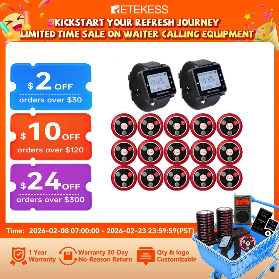 

RETEKESS Кальян Беспроводная система вызова официанта Ресторан Пейджер T128 Часы Приемник T117 Кнопка вызова Служба клиентов для кафе