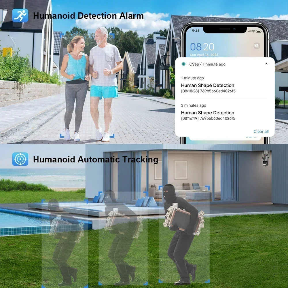 كاميرا IP بعدسة مزدوجة بدقة 4K بدقة 8 ميجابكسل، شاشة مزدوجة واي فاي مقاومة للماء، رؤية ليلية بالأشعة تحت الحمراء، تطبيق ICSEE للتتبع التلقائي