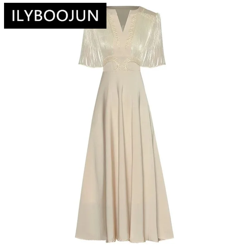 

ILYBOOJUN Summer Fashion Designer Vintage Party Dress Women's V-Neck Short Sleeve Beading Nail Bead Khaki High Waist Midi Dress