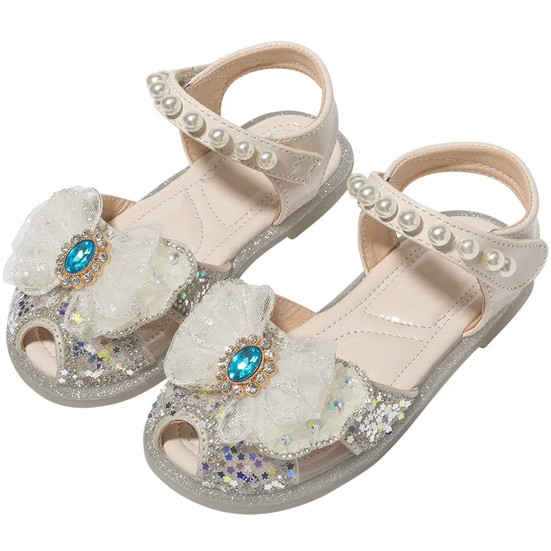 Girls' Sandals 2024 Summer New Kid's Rhinestone Shining Children's Princess Shoes Soft Sole Anti Slip Hollow Sandals