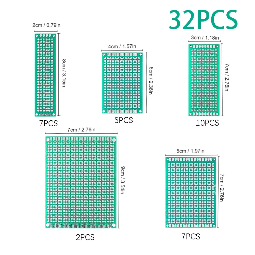 32PCS Double-sided PCB Board 2x8cm 3x7cm 4x6cm 5x7cm 7x9cm Prototype Board Kit In 5 Size for DIY Welding Compatible with Arduino