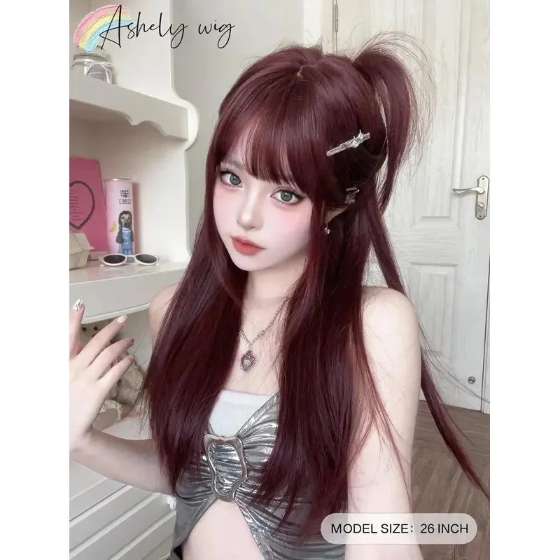 Ashely peruca longa reta sintética em perucas vermelhas 26 polegadas de fibra resistente ao calor para uso diário natural realista falso peruca.