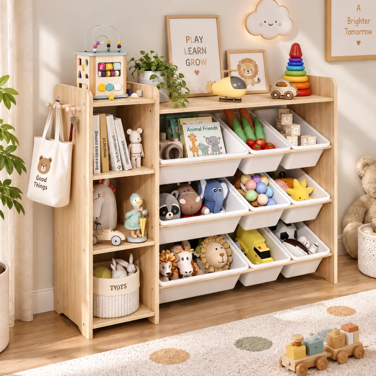 Kids Toy Storage Organizer Wooden Shelf with 3 Tiers And 9 Bins Nursery Room Organizer for Books And Toys White Natural Wood