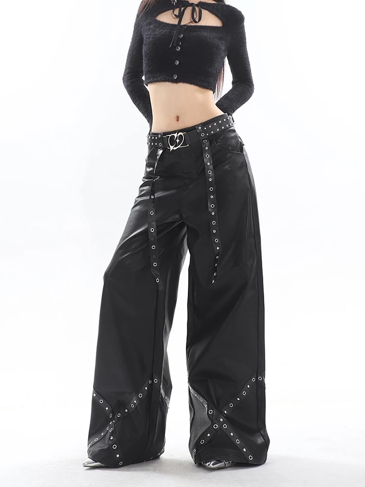 27-46 New Men Women's Clothing Metal Decorative Wide Leg Punk Leather Pants Trousers Lovers Plus Size Singer Costumes