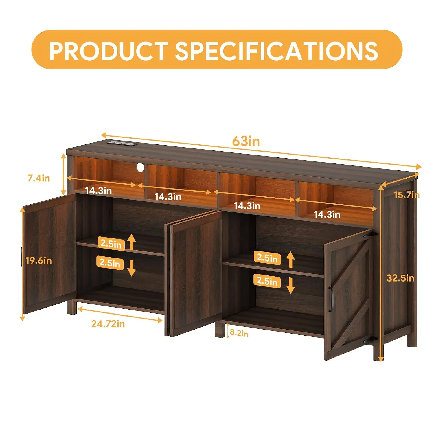 Buffet Sideboard with Storage with Power Outlets & LED Light, Large Farmhouse Kitchen Storage Cabinet Wood 4 Doors, Customized