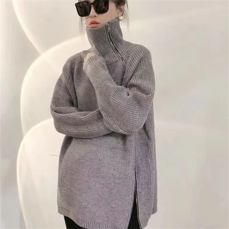 

Zippers Slit Turtleneck Knitted Woman Pullover Long Sleeve Losse Office Sweater Clothes Autumn Winter Woman Design Jumper Top