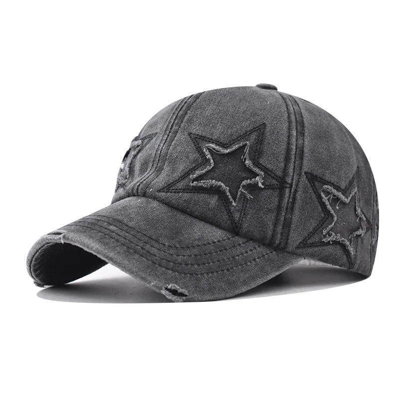 

Pure Cotton Washed Vintage Style Distressed Five Pointed Star Baseball Cap Snapback Hat Trendy Curved Brim Ponytail Dad Hat