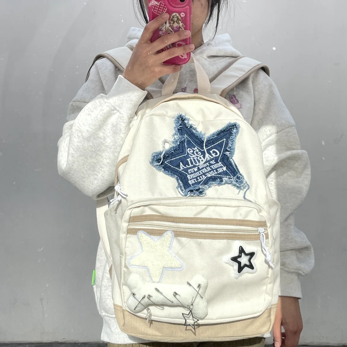 Women\'s Backpack Denim Star Pattern White School Bag Book Bone Shape Teenager Bagpack Letter Embroidery Large Capacity New