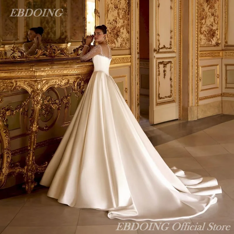 EBDOING Customized Wedding Dress A-line Satin Illusion Full Sleeves With Beaded Basque Bride Gowns
