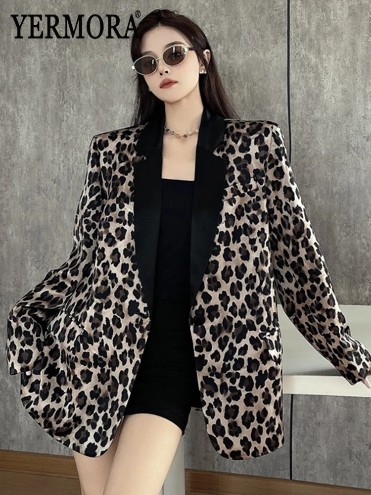 YERMORA Leopard Satin Button Casual Blazer For Woemn Lapel Long Sleeve Loose New Jacket Fashion Tide Spring Autumn 2025