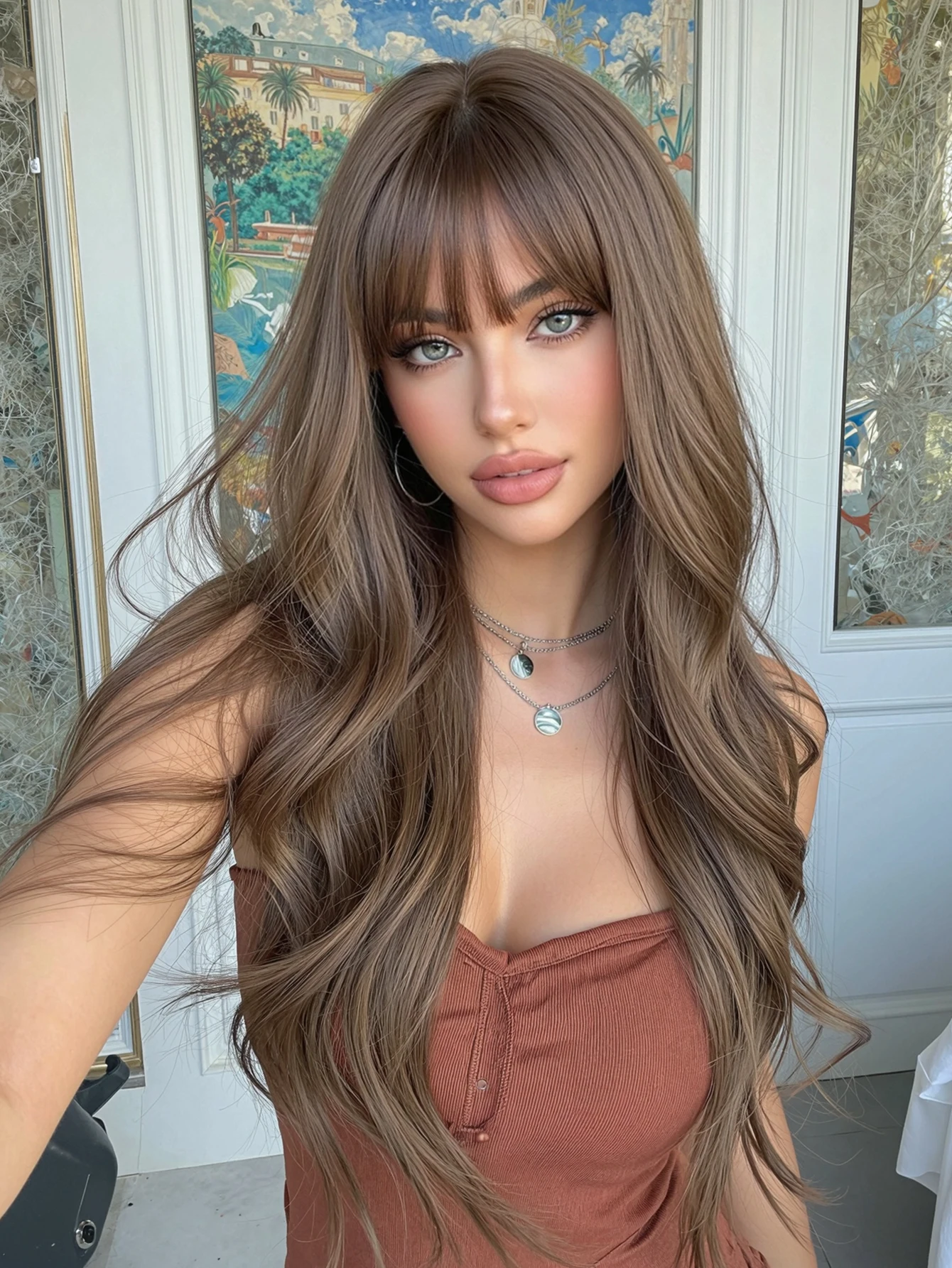 28inch Long Curly Hair Wig with Bangs Ombre Brown Wig for Women Synthetic Wig for Everyday Parties Festival Travel Music Festivals Holiday Gifts Halloween