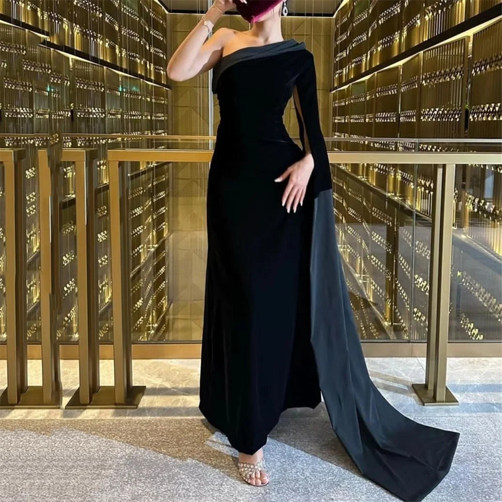 

LUNAFLEYA Simple Black One Shoulder Full Sleeve Mermaid Long Evening Dress For Woman Ankle Length Sweep Train Prom Gown New