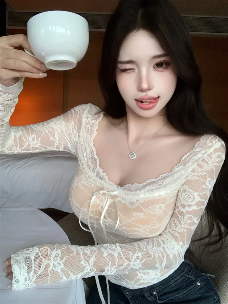 

Pure Desire Design Long Sleeve T-Shirt Women's Spring Summer New Style Spicy Girl Outerwear Lace Base Layer Belted Waist