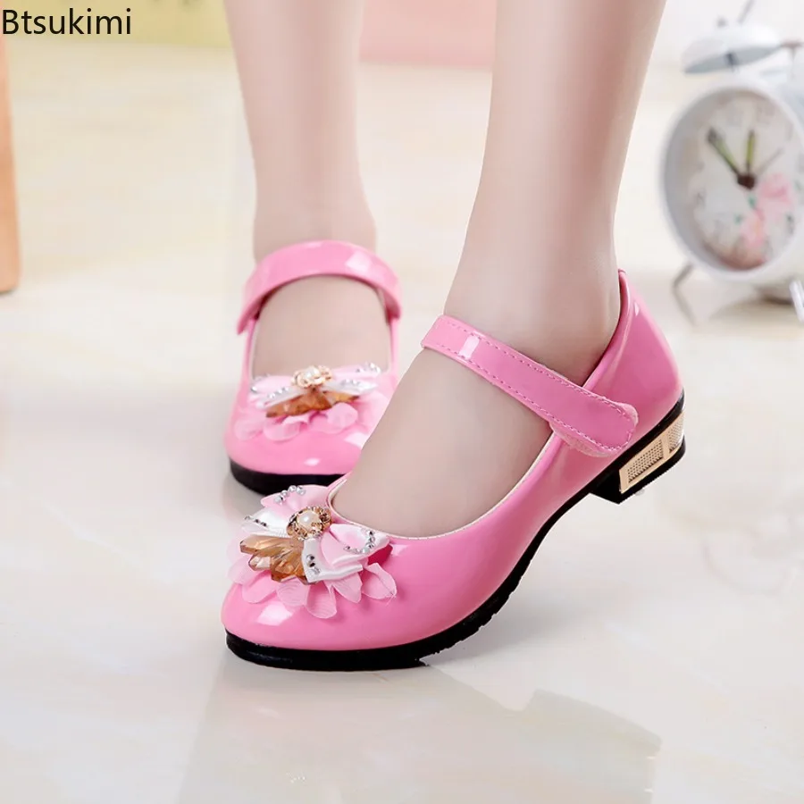 2026 New Korean Style Girls Leather Shoes Kids Fashion Crystal Bling Bowknot Princess Single Shoes Student Performance Shoes