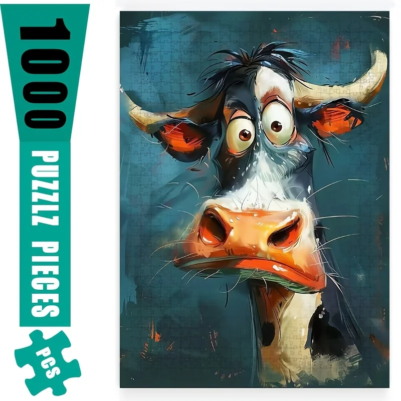 1000pcs Cow Puzzle Game - Intellectual Challenge DIY Game, Family Interactive Fun, Advanced Skill Level, White Rectangular Des