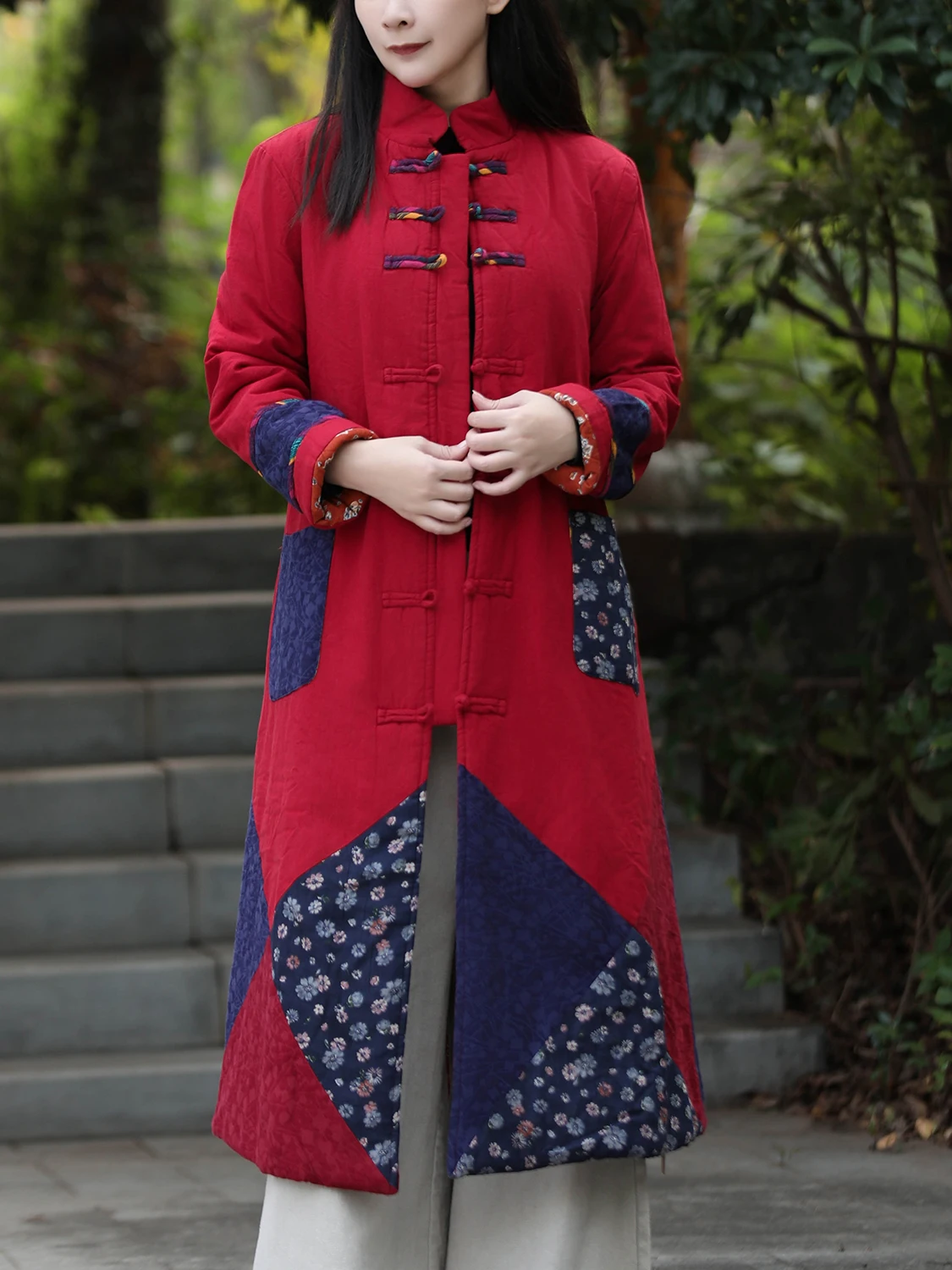 

Thiened Cotton Jaet Women's Mid-Length Loose Sle Traditional Chinese Button Design Warm Outerwear Retro Commute Faion