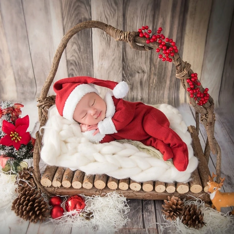 

Newborn Photo Props Santa Clause Hat Footed Romper Pants Posing Props Baby Photography Bodysuit Infant Christmas Costume