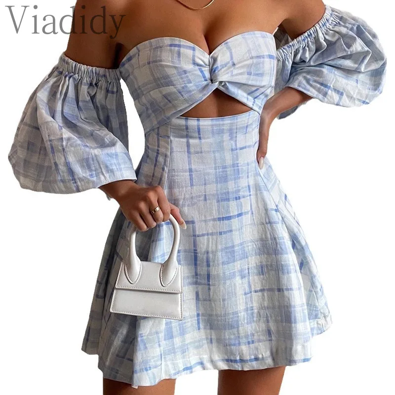 

Women Sexy Print Flare Sleeve Off Shoulder Slash Neck Hollow Out Mini Dress