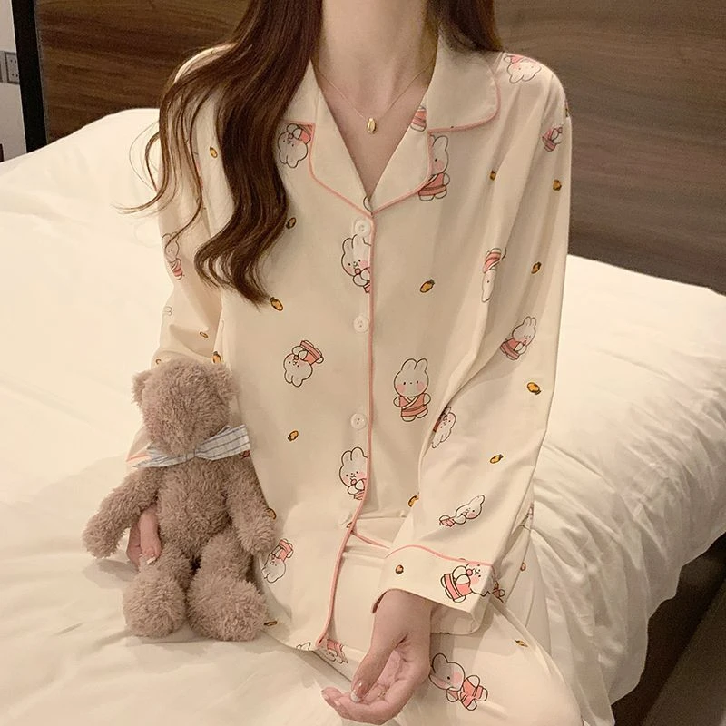 Spring Autumn Cardigan Long-Sleeved Sleepwear Two-Piece Set 2024 Cute Cartoon Student Homewear Suit Women's Casual Loose Pajamas