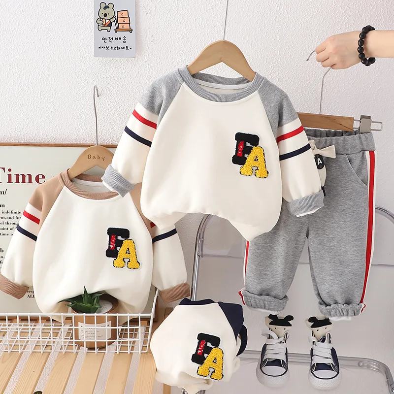 Spring Autumn Kids Boys 2PCS Clothes Set Cotton Striped Letter Pullovers Elastic Waist Pants Suit Toddler Boys Outfits