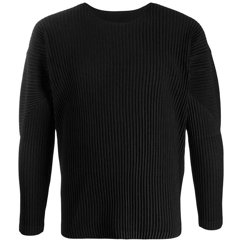 MIYAKE pleated classic long-sleeved T-shirt, loose shoulder round-neck casual base layer shirt for men, trendy style