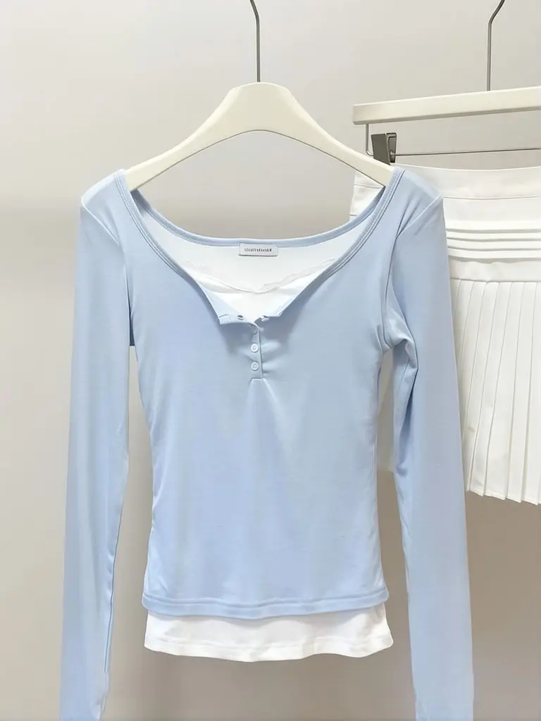 Sweet Fake Two Piece Lace Top T Shirt Woman Patchwork Button Basic Tees Long Sleeve Warm Tech Fleece Spring Fall Sexy Outwear