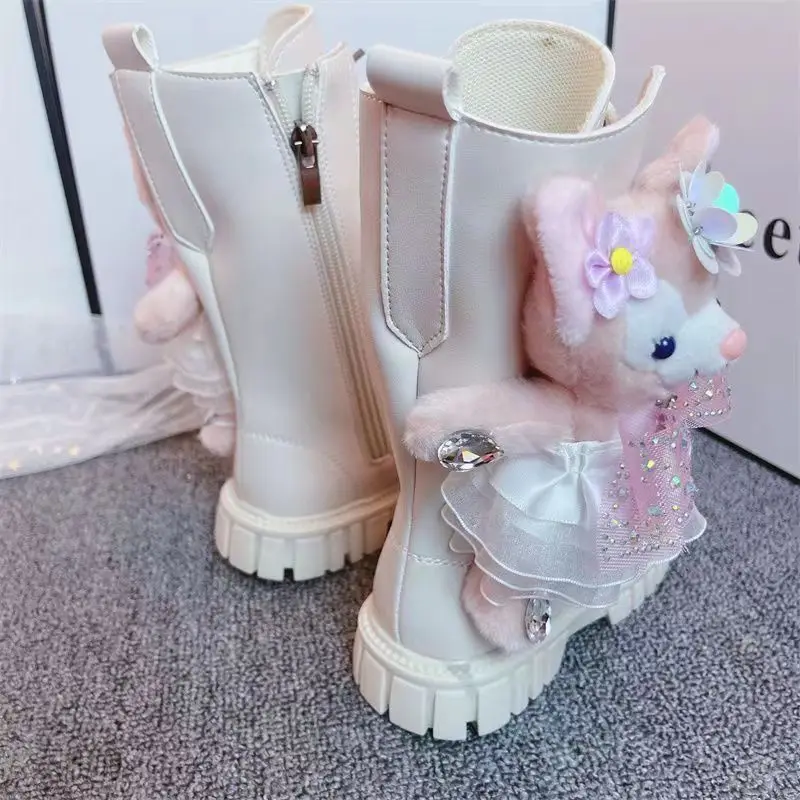 Girls' High Boots 2024 Winter New Girls' Cartoon Sweet Plush Princess Boots Children's White Fashion Cotton Boots Knight Boots