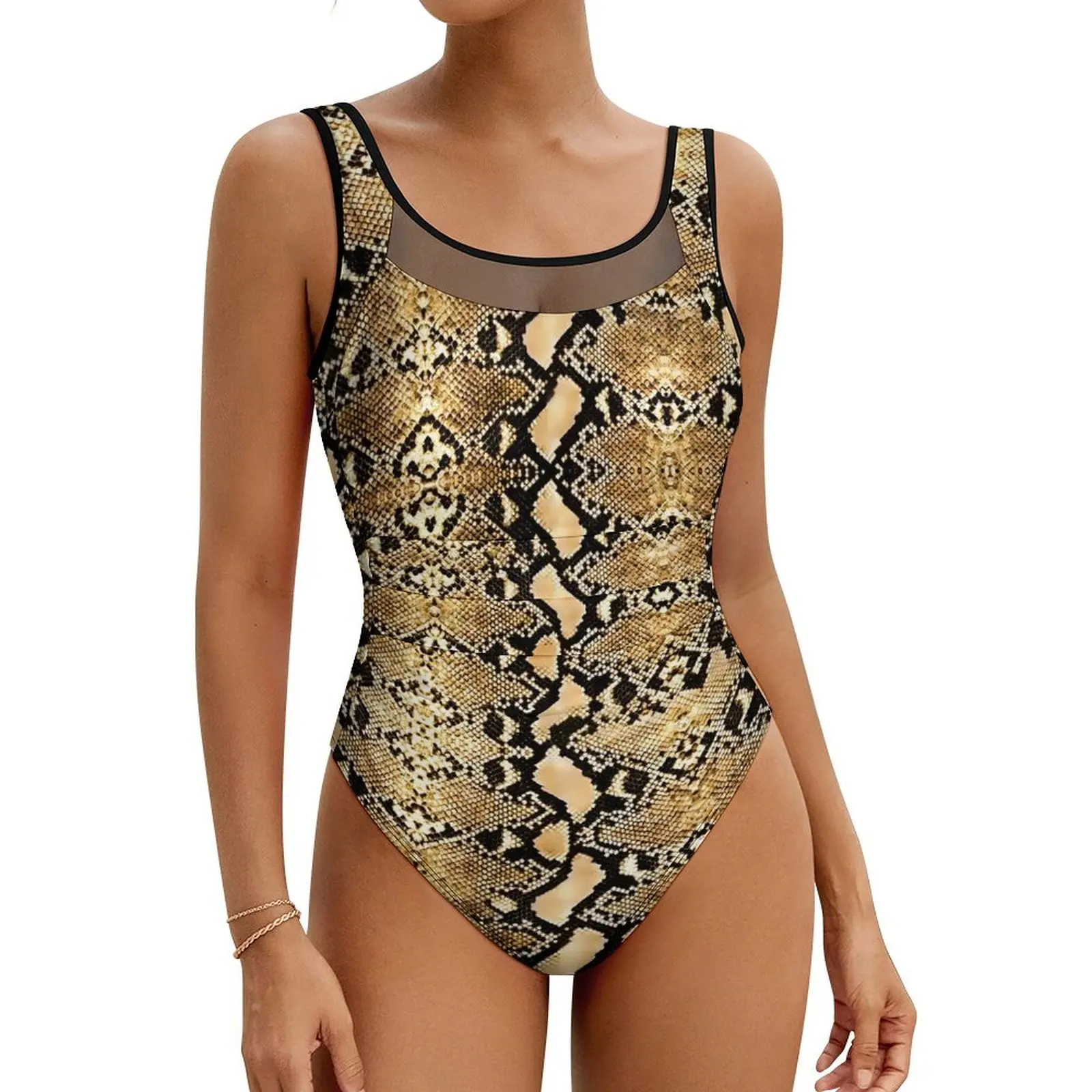 

Gold Python Snakeskin Swimsuit Sexy Animal Print One-Piece Swimwear Push Up Swimsuits Retro Surfing Beachwear