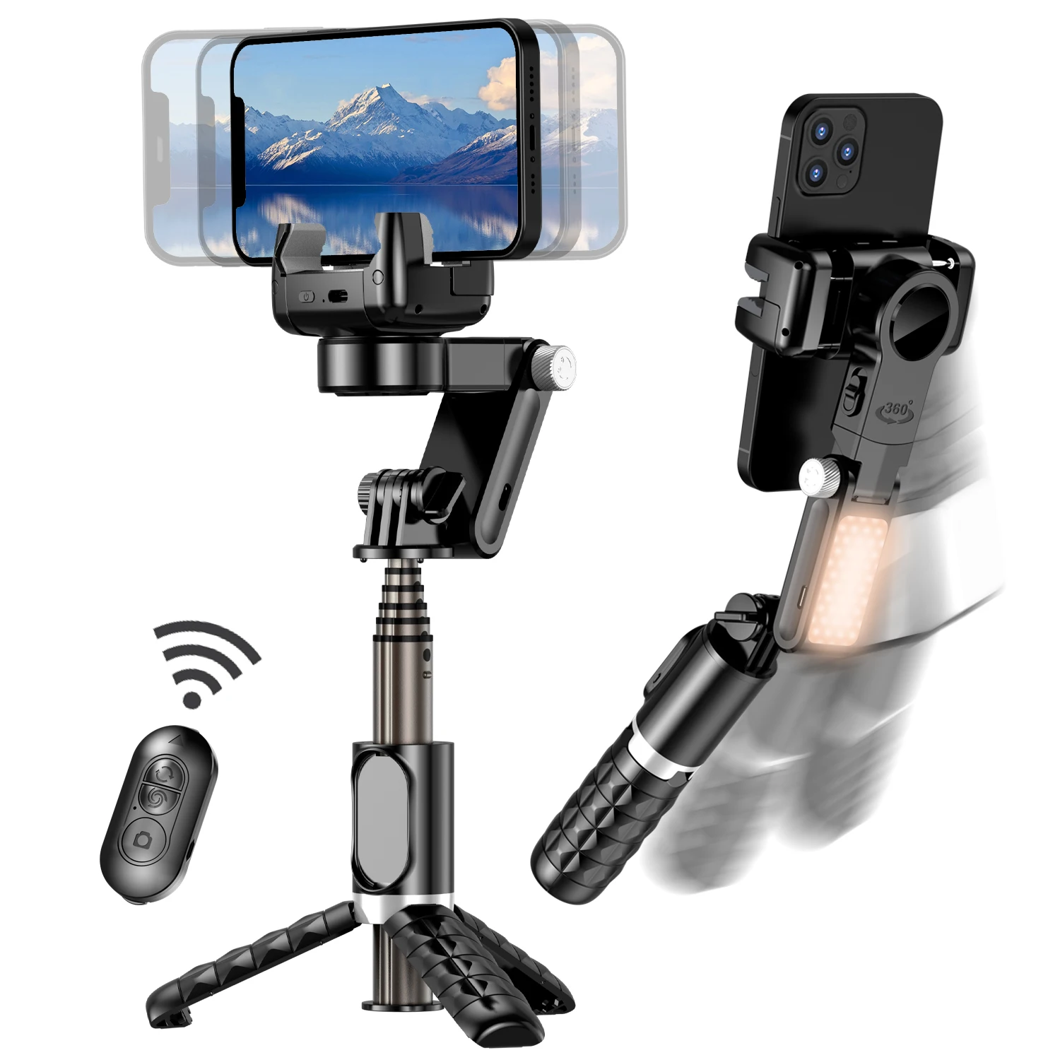 

Q18 Desktop Following the shooting Mode Gimbal Stabilizer Selfie Stick Tripod with Fill Light for iPhone Cell Phone Smartphone