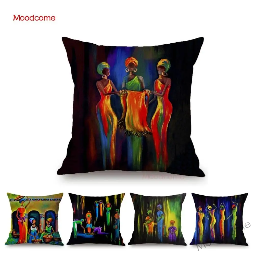 Dancing African Women Abstract Oil Painting Home Decoration Car Pillow Cotton Linen Africa Impression Black Woman Cushion Cover