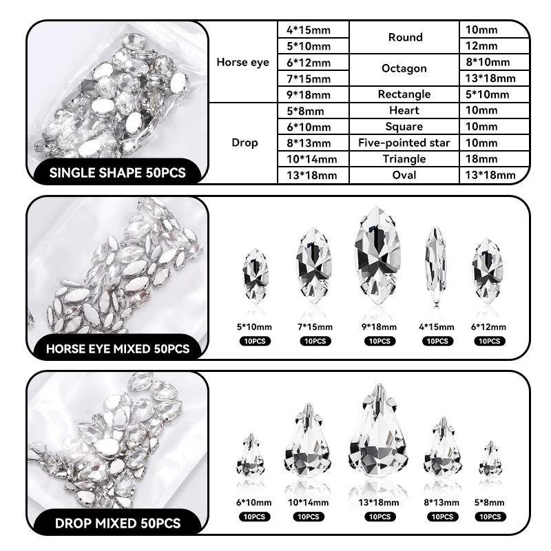 Mehrere Größen und Formen, zum Nähen, klares Kristallglas, silberne Krallenbasis, Strasssteine, DIY, Hochzeitskleid, Kleid, Kopfschmuck, Schmuckperlen, Diamant – Detail 5