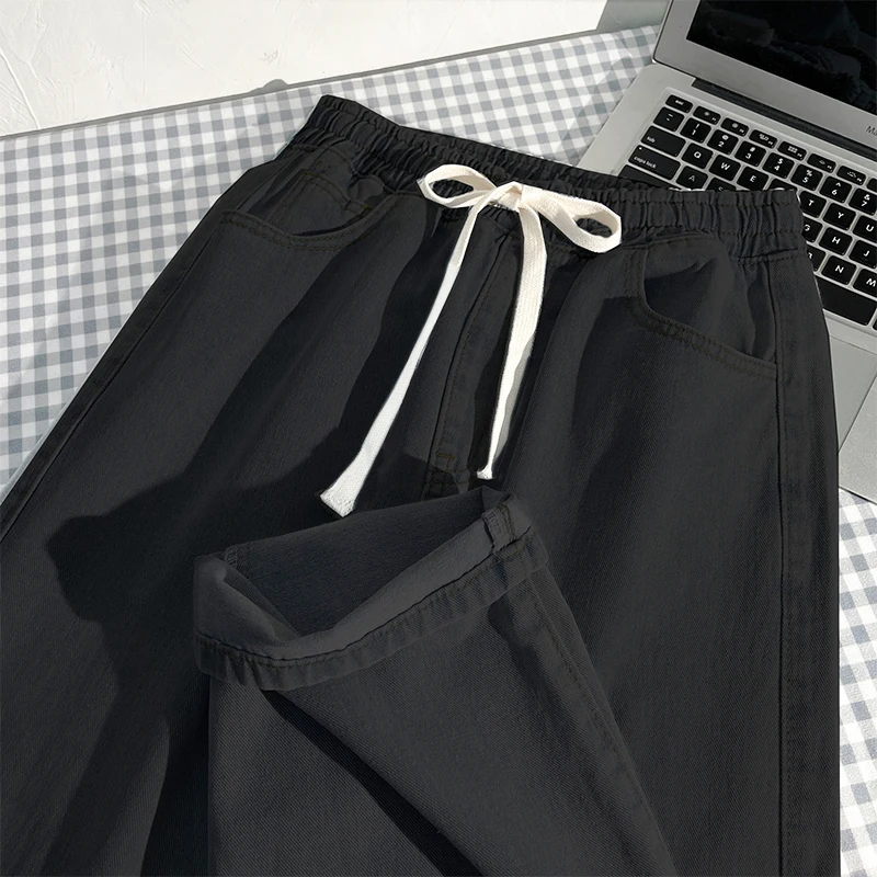 

American High Street Bla Elastic Waist Jeans Men Spring Autumn Hiphop Dstring Casual Straight Loose Wide Leg Pants